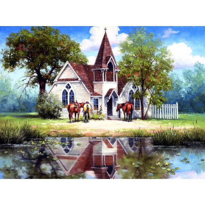 Puzzle Sunsout-16846 Spiegelbild einer Dorfkirche