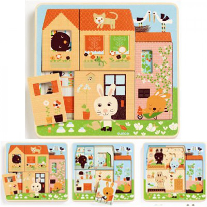 Djeco-01480 Holzpuzzle - Kaninchenhäuschen