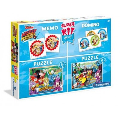 Clementoni-08217 Super Kit 4 in 1 - Mickey and The Roadster Racers - 2 Puzzles + Memo + Domino